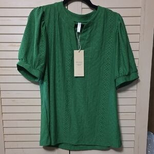 Green Eyelet Puff-Sleeve Blouse - Modern Feminine Top